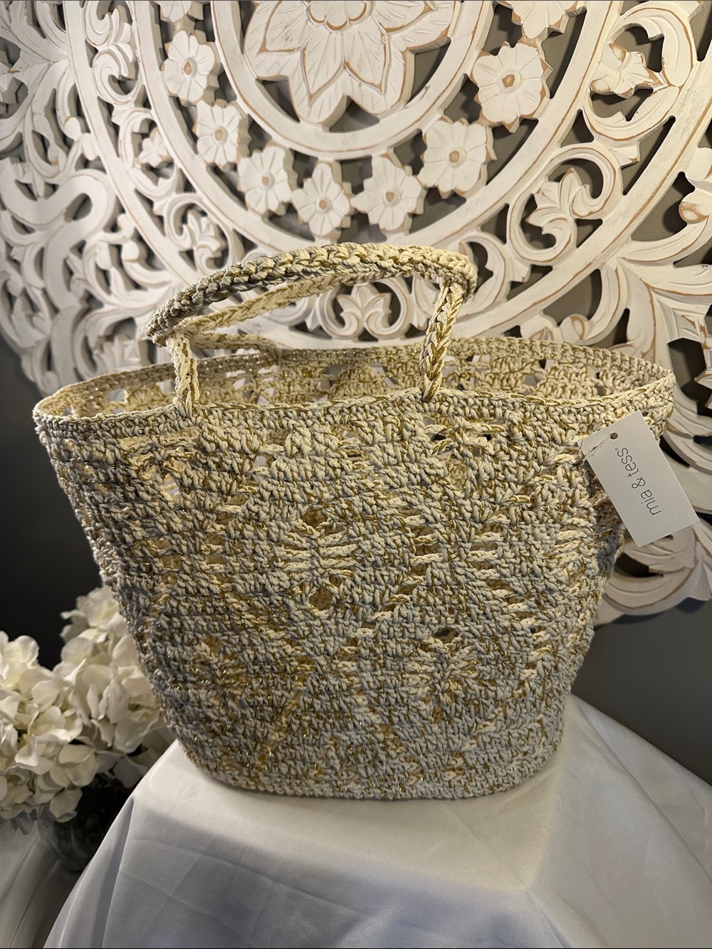 Mia & Tess Crocheted Straw Tote Bag in Beige-Cream - Picture 1 of 7